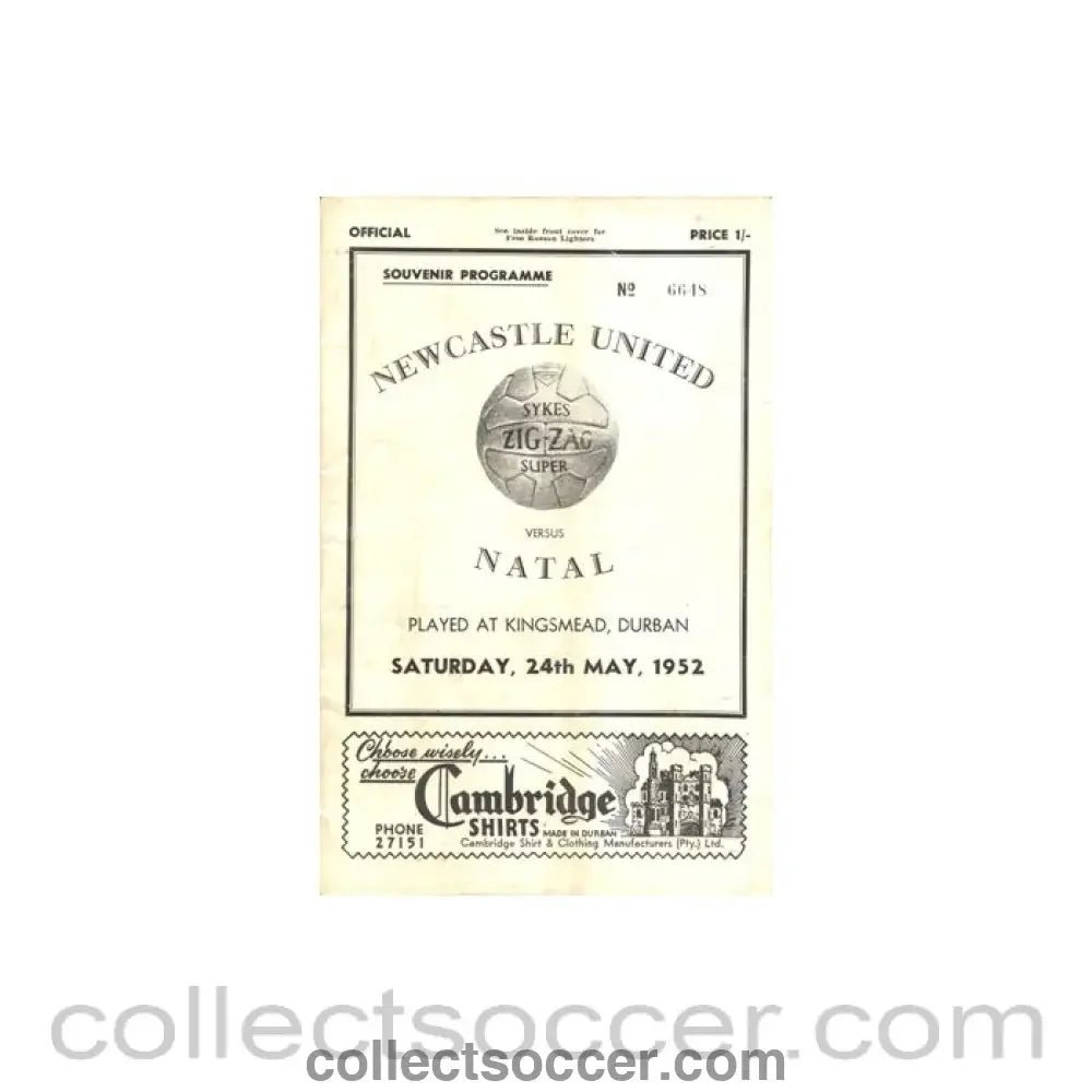 1952 - Natal v Newcastle United official programe 24/05/1952, played in South Africa - Collect Soccer