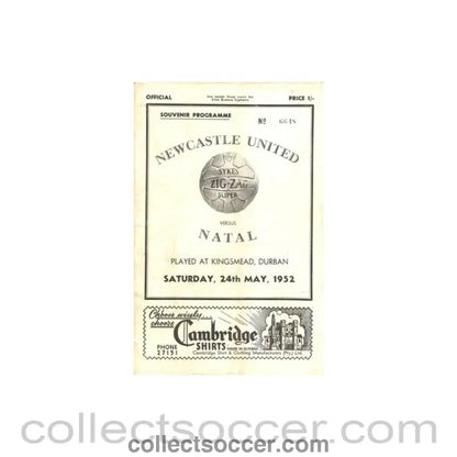 1952 - Natal v Newcastle United official programe 24/05/1952, played in South Africa - Collect Soccer