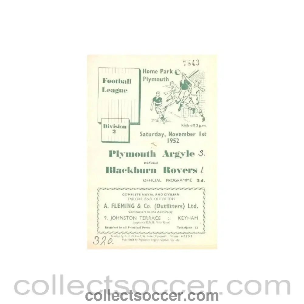1952 - Plymouth Argile v Blackburn Rovers official programme 01/11/1952 - Collect Soccer