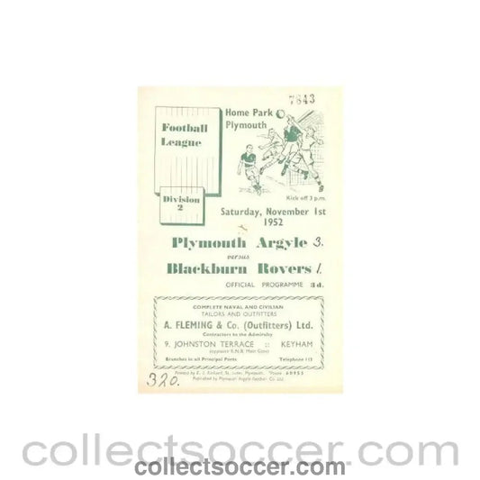 1952 - Plymouth Argile v Blackburn Rovers official programme 01/11/1952 - Collect Soccer