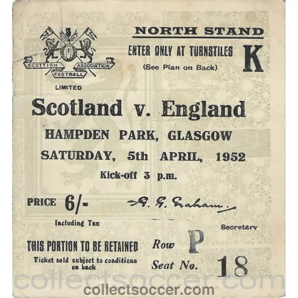 1952 Scotland v England Ticket - Collect Soccer