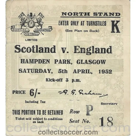 1952 Scotland v England Ticket - Collect Soccer