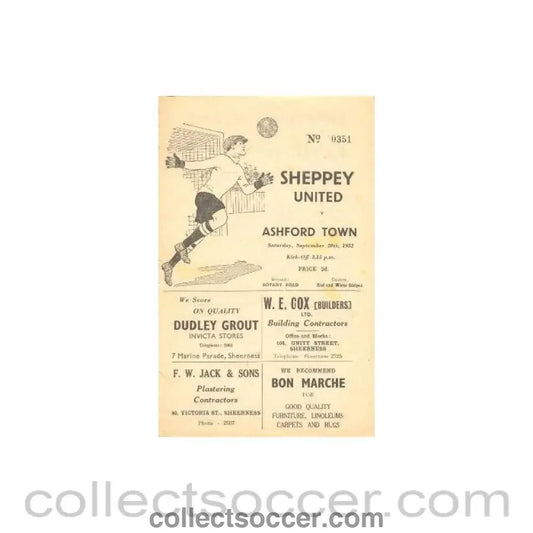 1952 - Sheppey United v Ashford Town official programme 20/09/1952 - Collect Soccer
