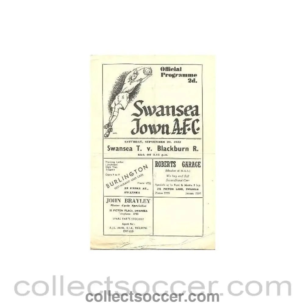 1952 - Swansea City v Blackburn official programme 20/09/1952 - Collect Soccer