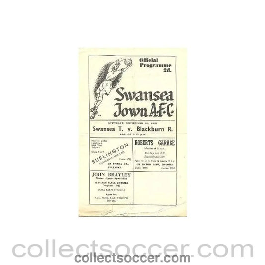 1952 - Swansea City v Blackburn official programme 20/09/1952 - Collect Soccer