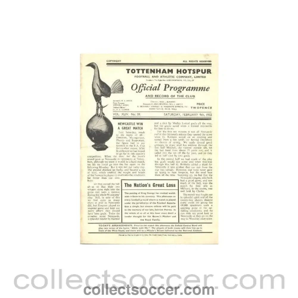 1952 - Tottenham Hotspur v Arsenal official programme 09/02/1952 Football League - Collect Soccer