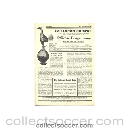 1952 - Tottenham Hotspur v Arsenal official programme 09/02/1952 Football League - Collect Soccer