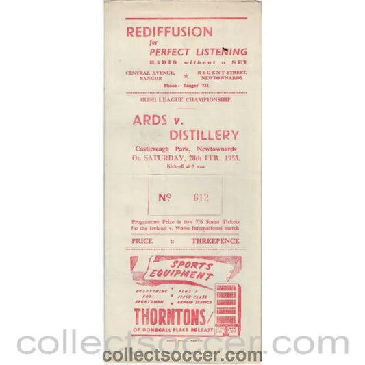 1953 - Ards v Distillery 28/2/1953 Football Programme - Collect Soccer
