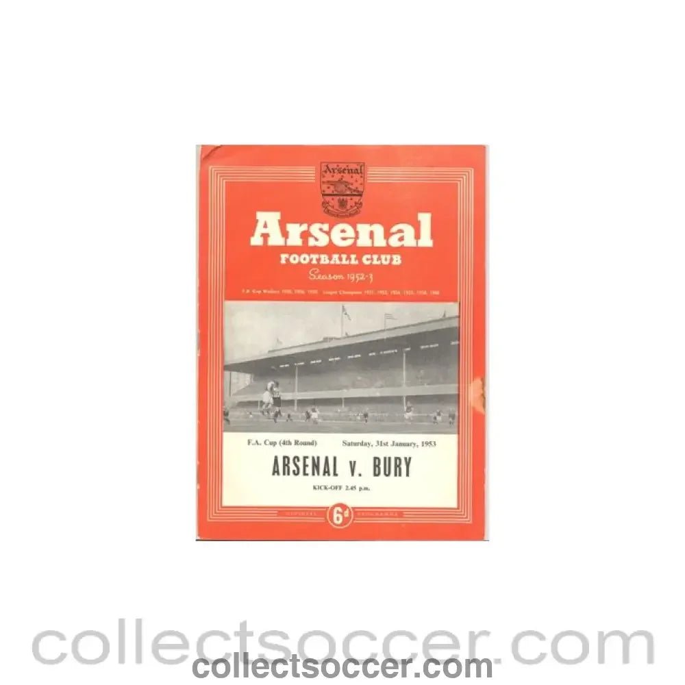 1953 - Arsenal v Bury official programme 31/01/1953 - Collect Soccer
