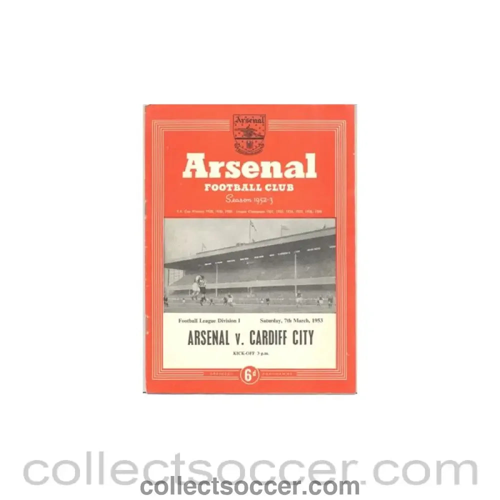 1953 - Arsenal v Cardiff City official programme 07/03/1953