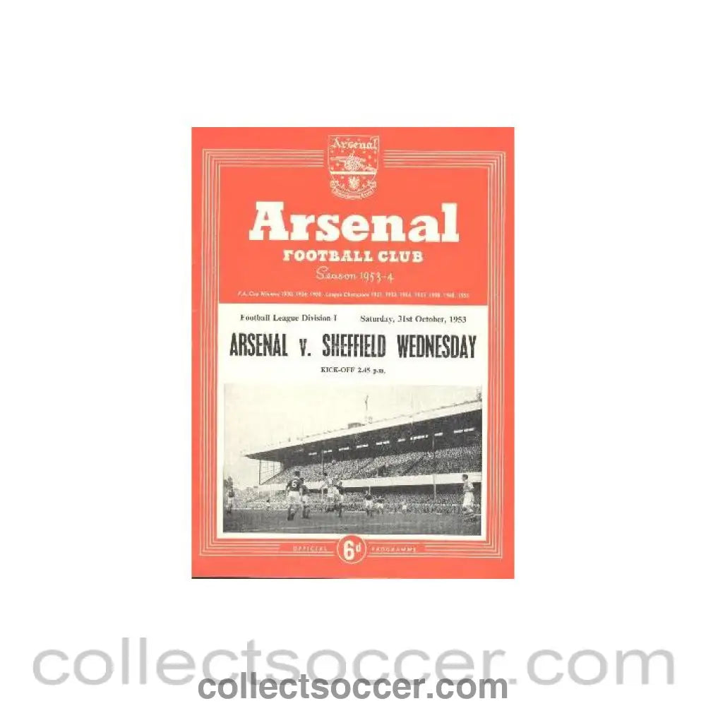 1953 - Arsenal v Sheffield Wednesday official programme 31/10/1953
