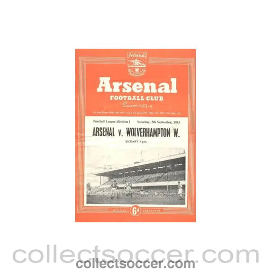 1953 - Arsenal v Wolverhampton Wanderers official programme 05/09/1953