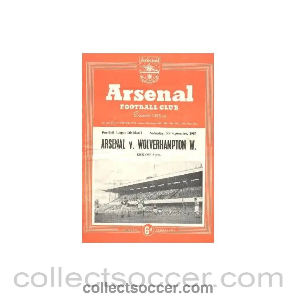 1953 - Arsenal v Wolverhampton Wanderers official programme 05/09/1953 - Collect Soccer