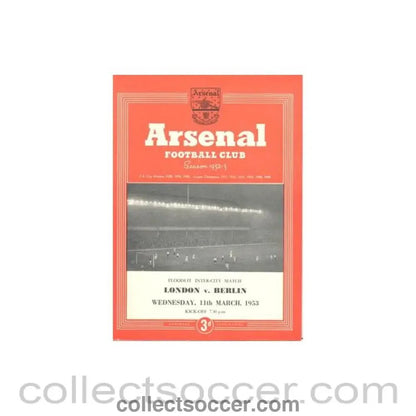 1953 - At Arsenal - London v Berlin official programme 11/03/1953 Floodlit Inter - City Match - Collect Soccer