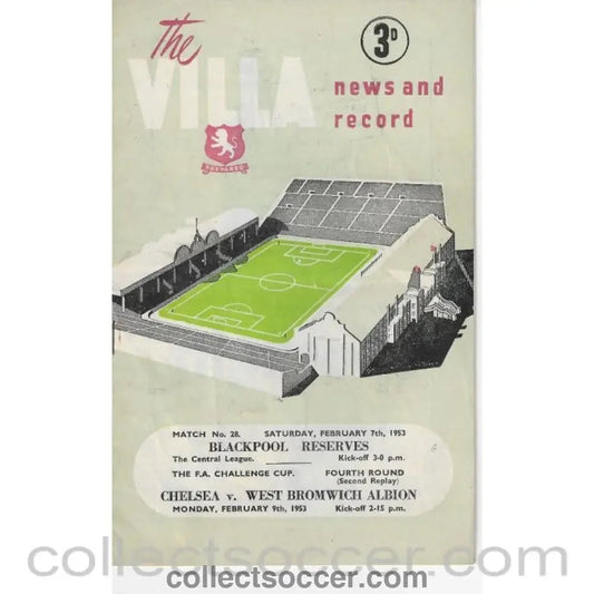 1953 - At Villa Park West Bromwich Albion v Chelsea FA Cup 4th Round 2nd Replay 7/2/1953 Football Programme - Collect Soccer