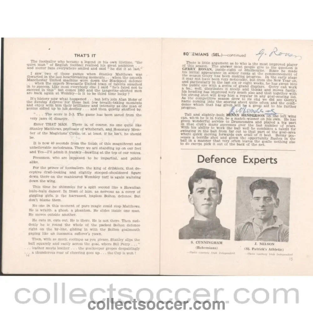1953 - Bohemians Selected v Chelsea signed by many players inc Stanley Matthews Football Programme 08/05/1953 - Collect Soccer