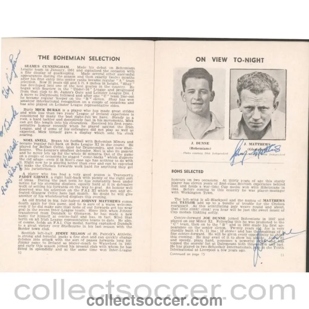 1953 - Bohemians Selected v Chelsea signed by many players inc Stanley Matthews Football Programme 08/05/1953 - Collect Soccer
