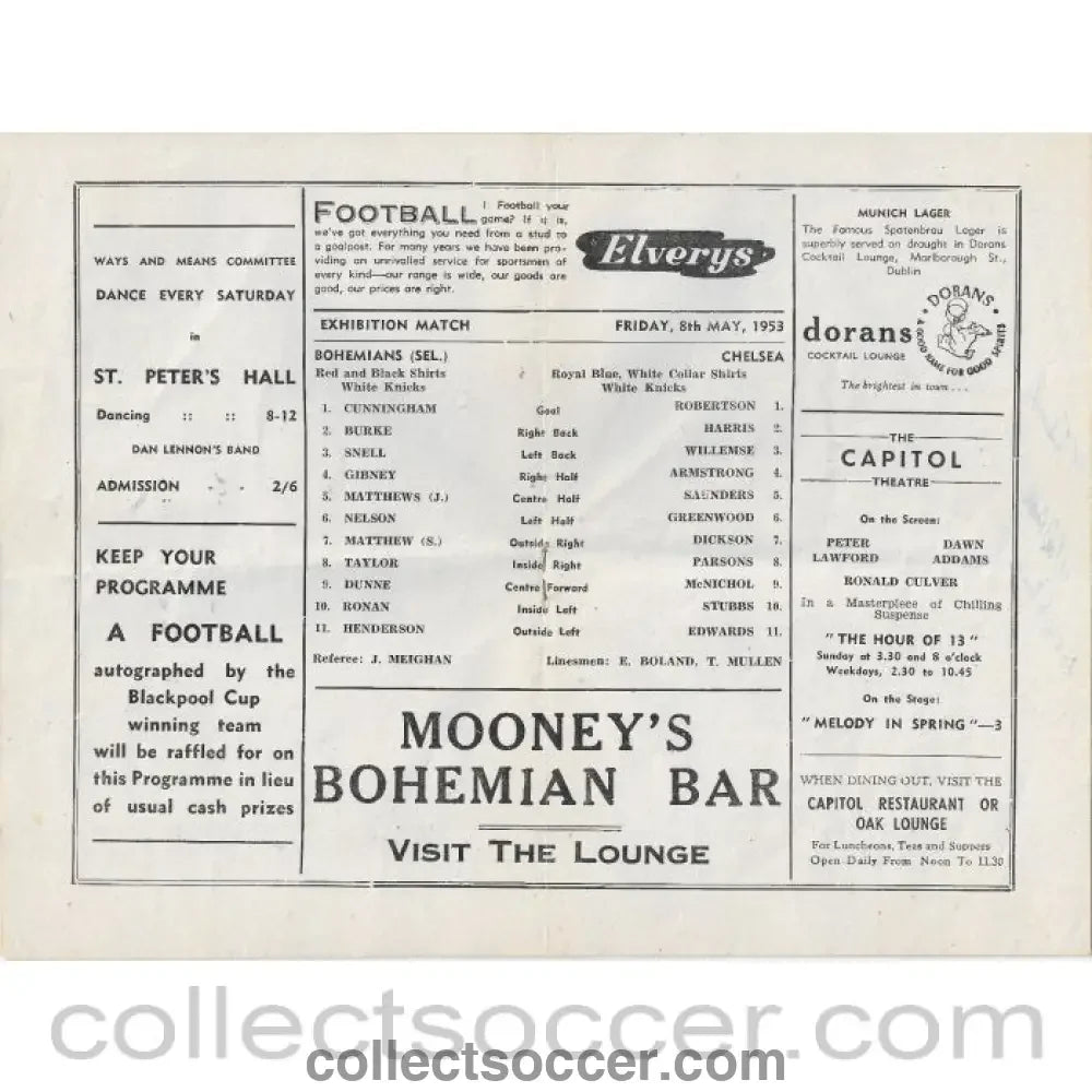 1953 - Bohemians Selected v Chelsea signed by many players inc Stanley Matthews Football Programme 08/05/1953 - Collect Soccer