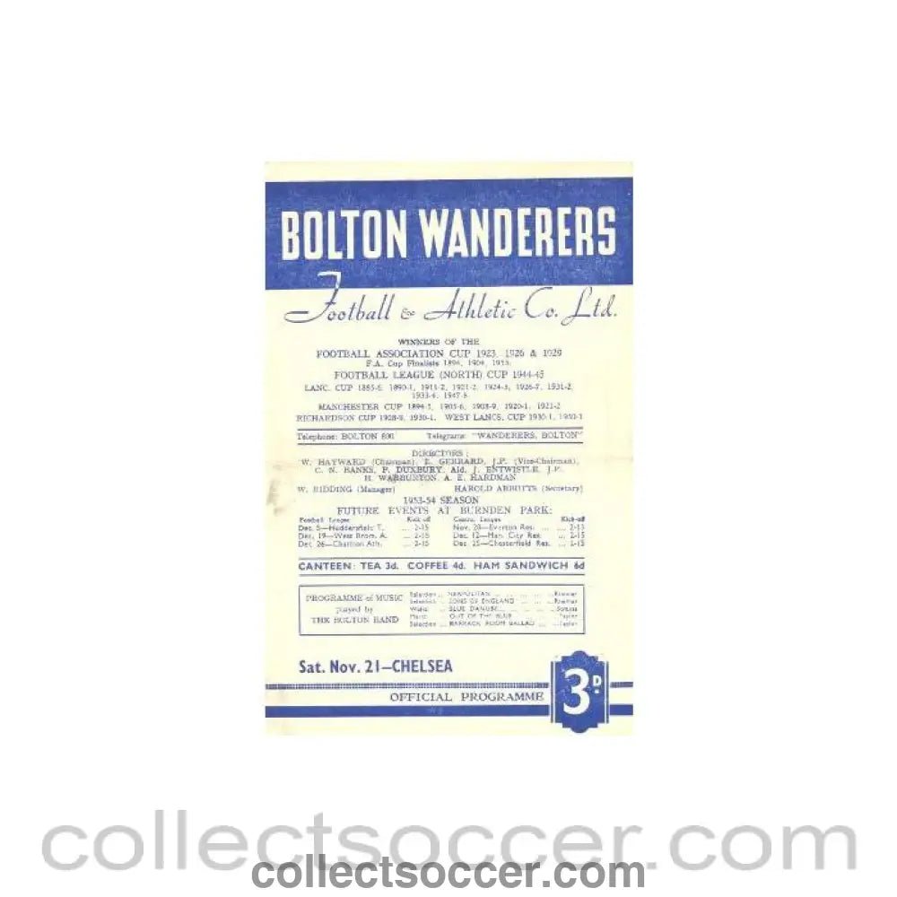 1953 - Bolton Wanderers vChelsea official programme 21/11/1953 - Collect Soccer
