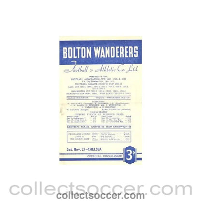 1953 - Bolton Wanderers vChelsea official programme 21/11/1953 - Collect Soccer