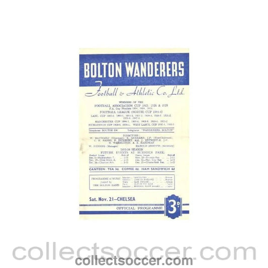 1953 - Bolton Wanderers vChelsea official programme 21/11/1953 - Collect Soccer