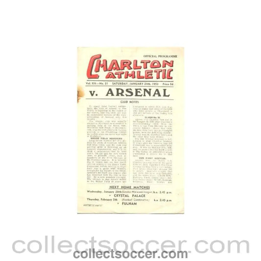 1953 - Charlton Athletic v Arsenal official programme 24/01/1953