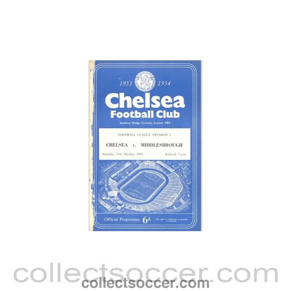 1953 - Chelsea v Middlesbrough official programme 17/10/1953, reduced price - Collect Soccer