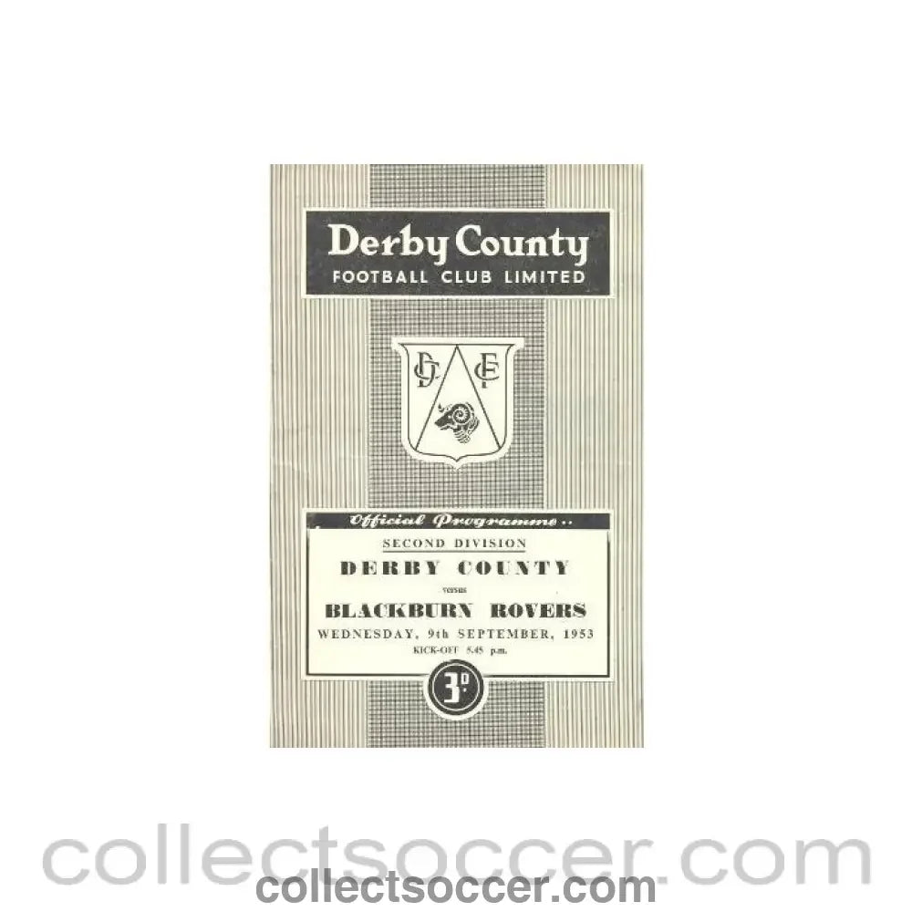 1953 - Derby County v Blackburn Rovers official programme 09/09/1953 - Collect Soccer