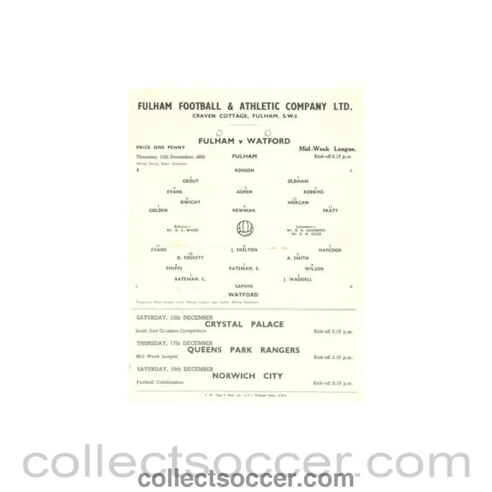 1953 - Fulham v Watford official programme 10/12/1953 Reserves - Collect Soccer