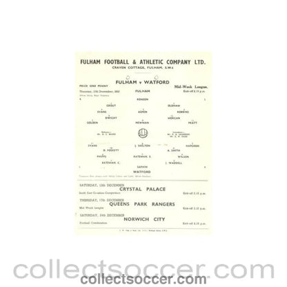 1953 - Fulham v Watford official programme 10/12/1953 Reserves - Collect Soccer