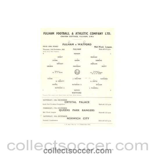 1953 - Fulham v Watford official programme 10/12/1953 Reserves - Collect Soccer