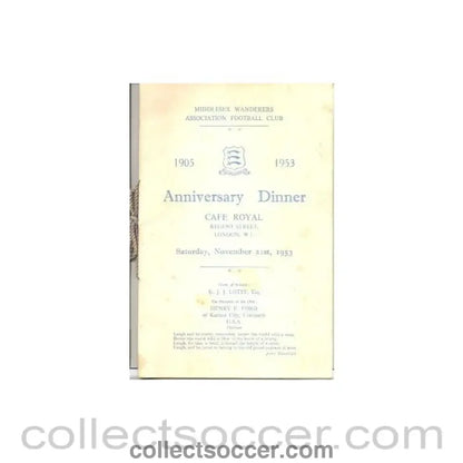 1953 - Middlesex Wanderers Anniversary Dinner Menu 21/11/1953