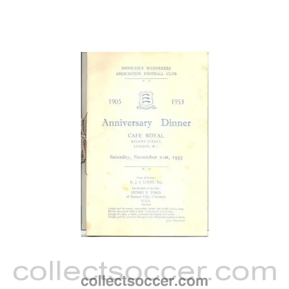 1953 - Middlesex Wanderers Anniversary Dinner Menu 21/11/1953