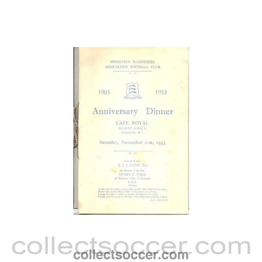 1953 - Middlesex Wanderers Anniversary Dinner Menu 21/11/1953