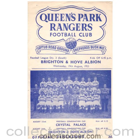 1953 Queen's Park Rangers v Brighton & Hove Albion Football Programme - Collect Soccer