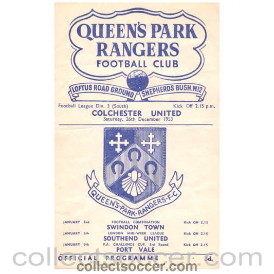 1953 Queen's Park Rangers v Colchester United Football Programme - Collect Soccer