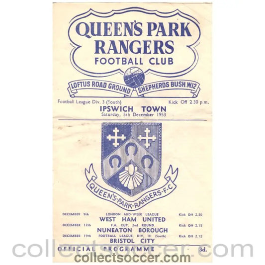 1953 Queen's Park Rangers v Ipswich Town Football Programme - Collect Soccer