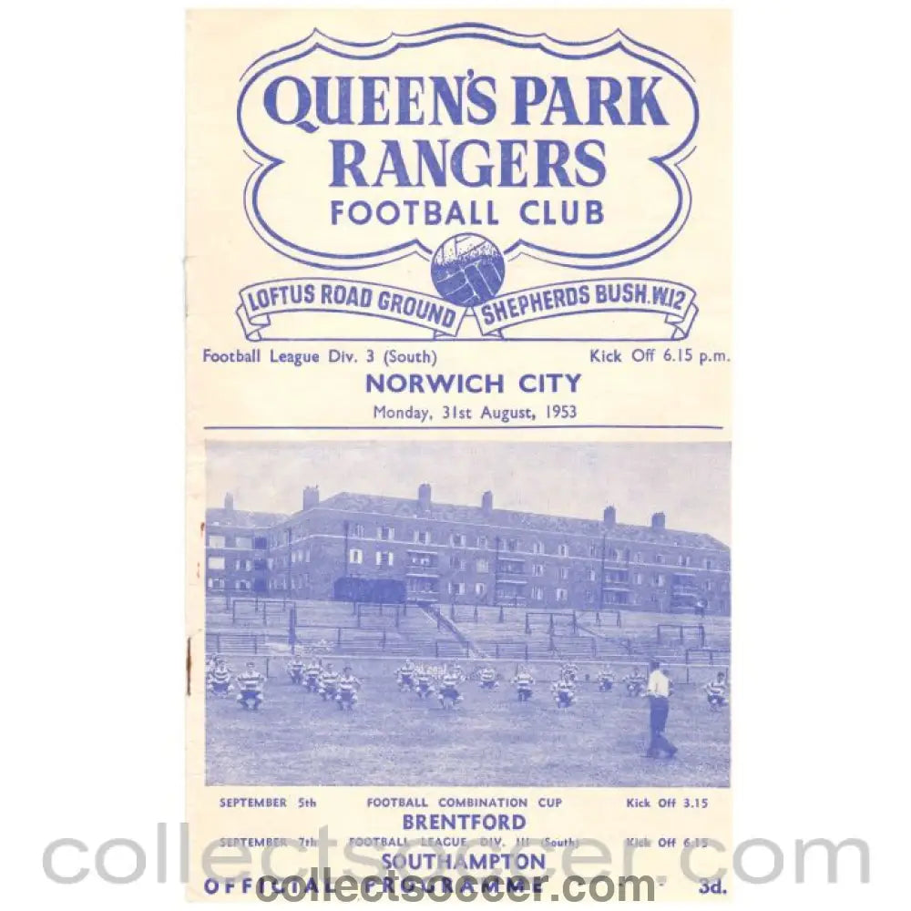 1953 Queen's Park Rangers v Norwich City Football Programme - Collect Soccer
