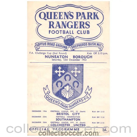 1953 Queen's Park Rangers v Nuneaton Borough Football Programme - Collect Soccer