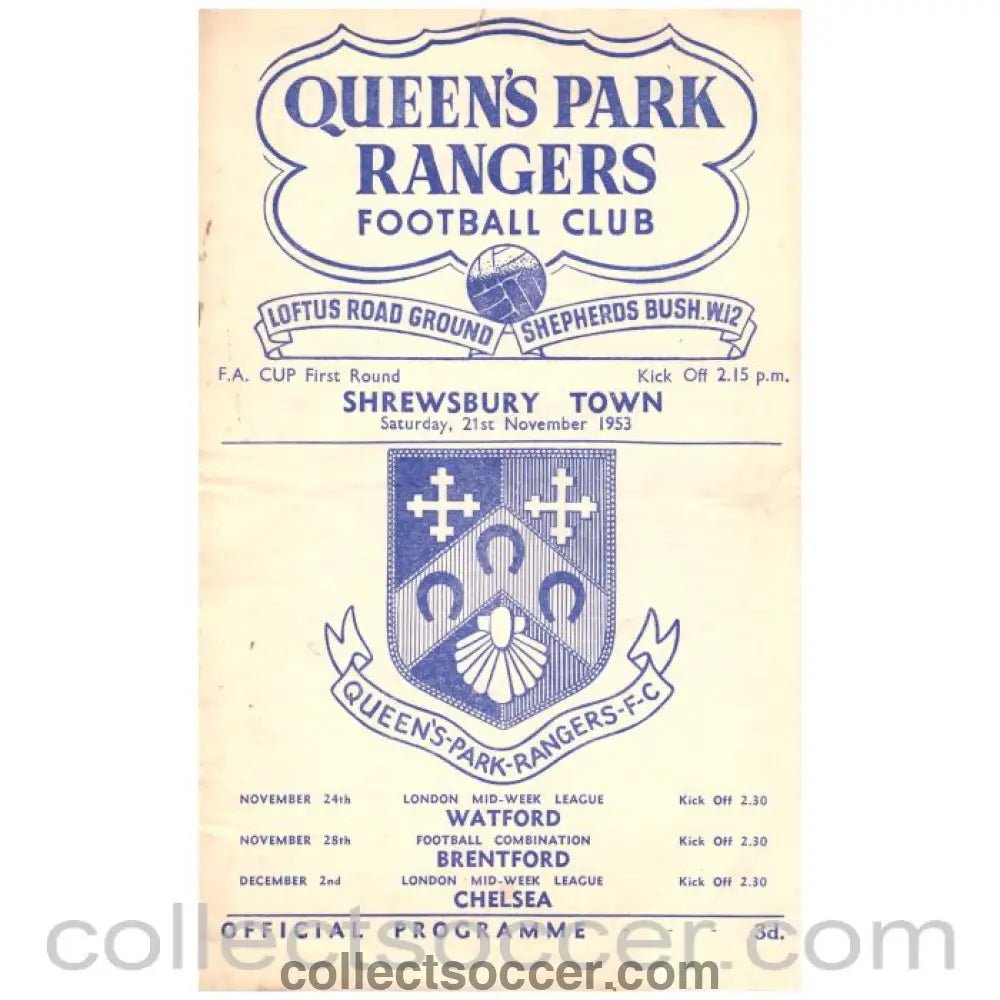 1953 Queen's Park Rangers v Shrewsbury Town Football Programme - Collect Soccer