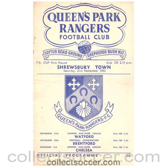 1953 Queen's Park Rangers v Shrewsbury Town Football Programme - Collect Soccer