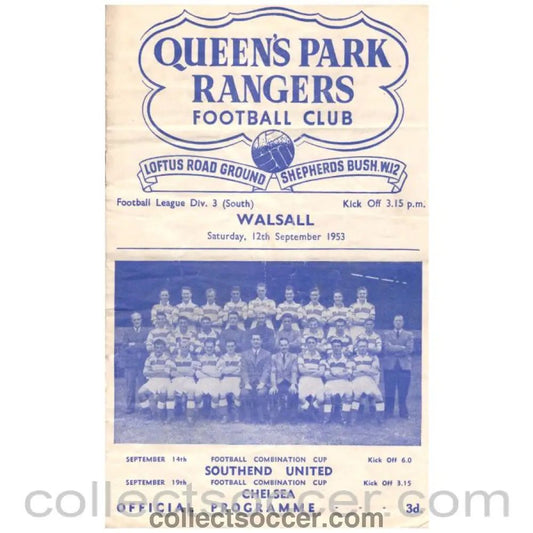 1953 Queen's Park Rangers v Walsall Football Programme - Collect Soccer