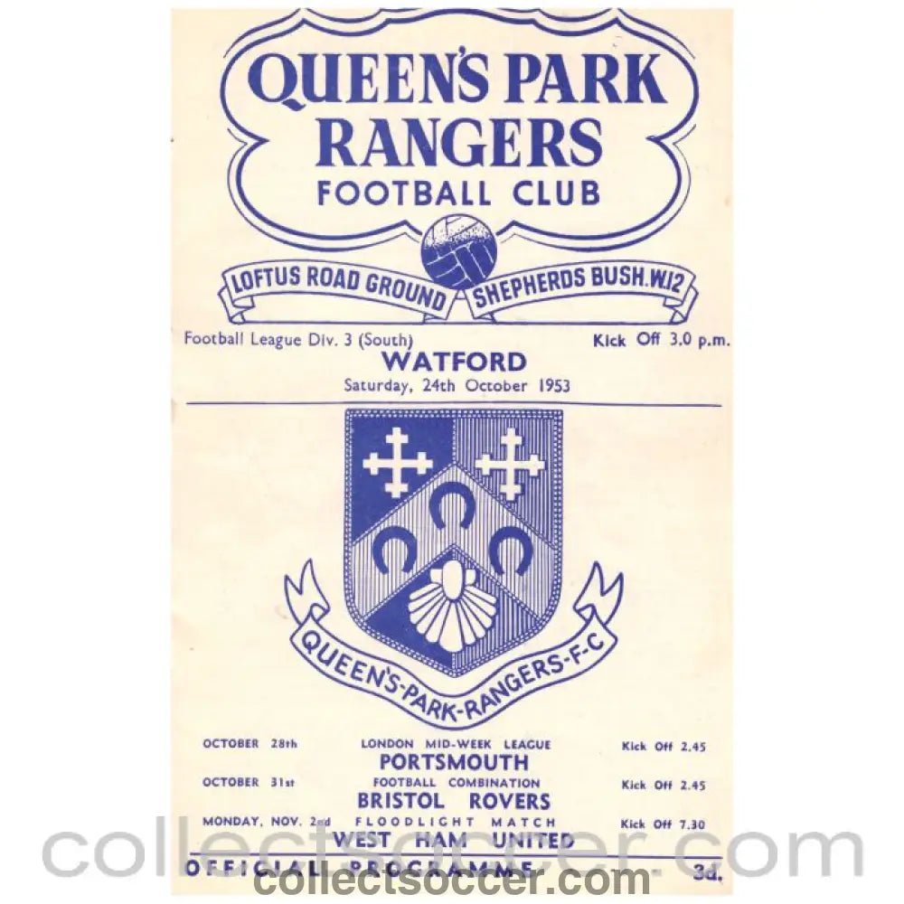 1953 Queen's Park Rangers v Watford Football Programme - Collect Soccer