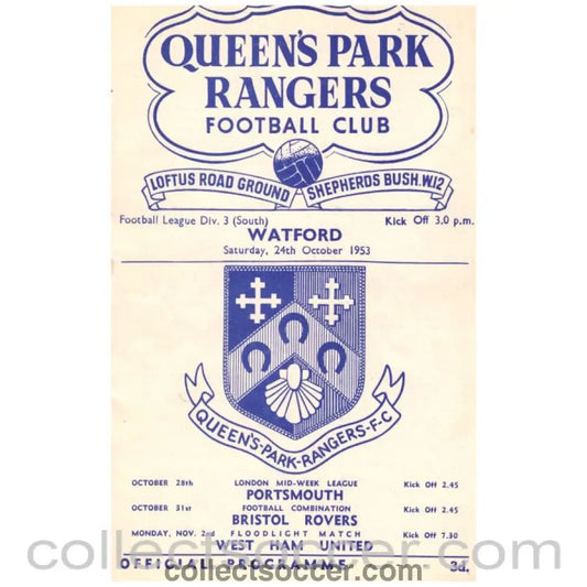 1953 Queen's Park Rangers v Watford Football Programme - Collect Soccer