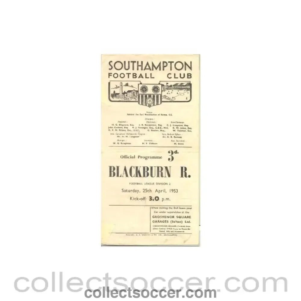 1953 - Southampton v Blackburn Rovers official programme 25/04/1953 - Collect Soccer