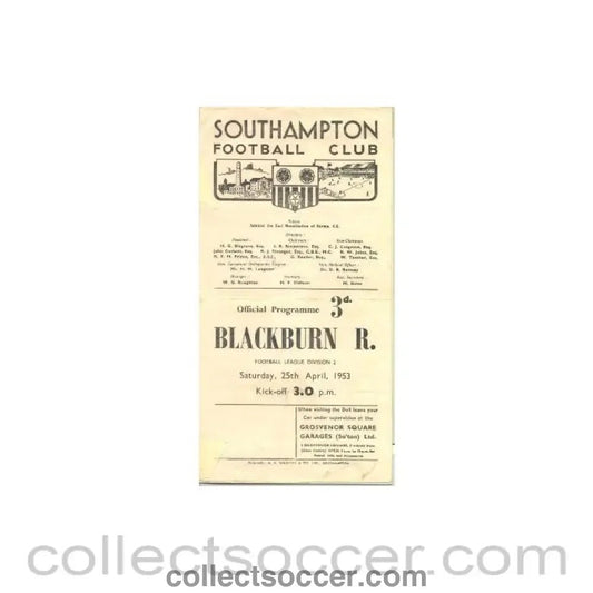 1953 - Southampton v Blackburn Rovers official programme 25/04/1953 - Collect Soccer