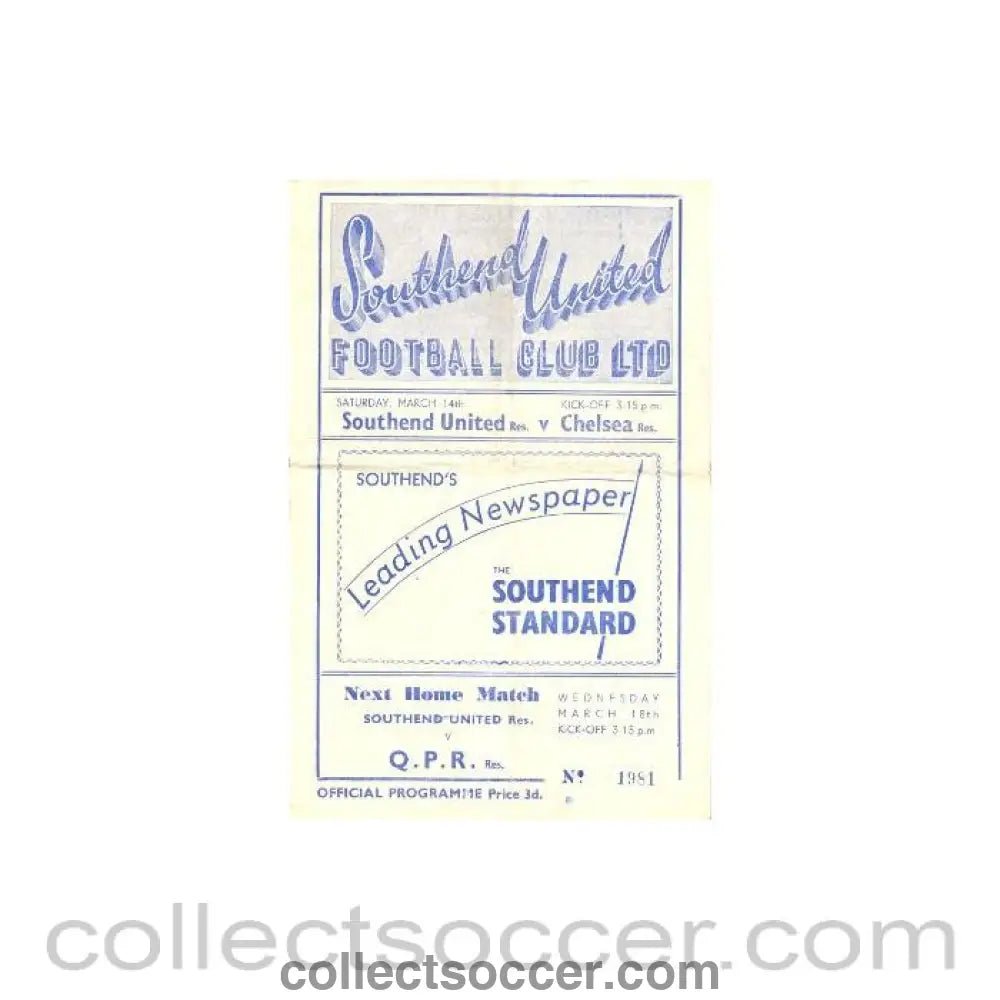 1953 - Southend United vChelsea official programme 14/03/1953 - Collect Soccer