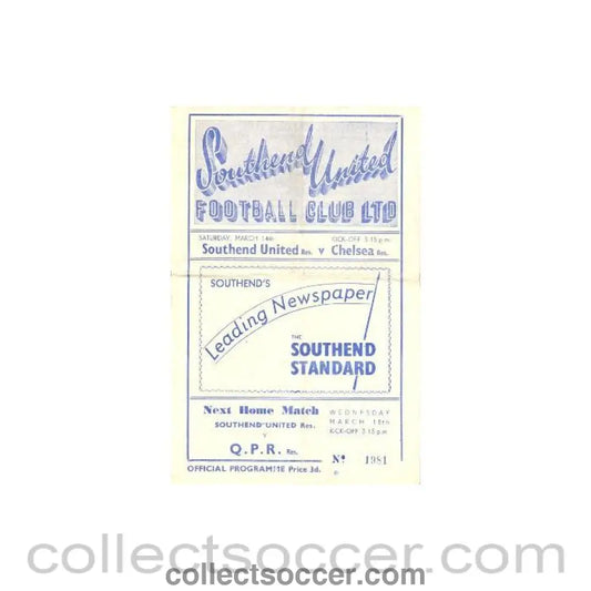 1953 - Southend United vChelsea official programme 14/03/1953
