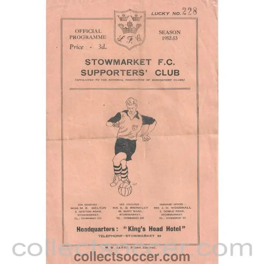 1953 - Stowmarket v Arsenal A 28/2/1953 Programme - Collect Soccer