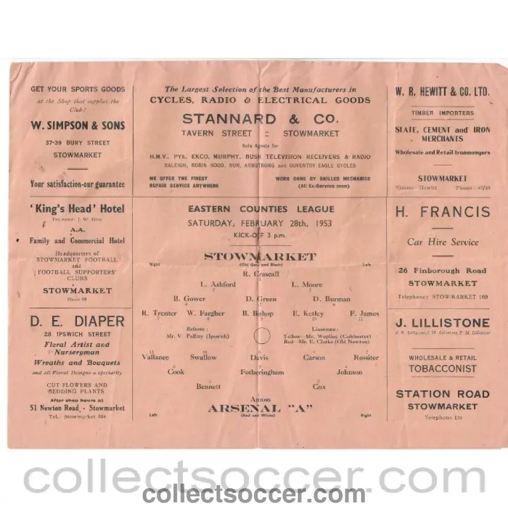 1953 - Stowmarket v Arsenal A 28/2/1953 Programme - Collect Soccer